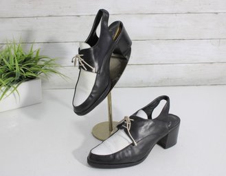 #101-Comfort Zone Black & White Leather Slingback Heels  Lace-Up Oxford Style  EU Size 38