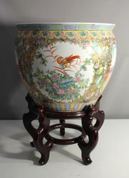 Large Chinese Porcelain Fish Bowl With Stand - 24.5' Tall And 16.5' Round