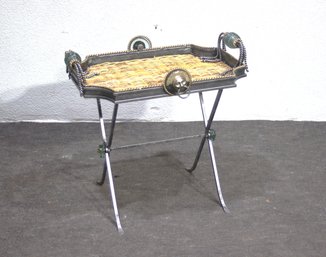 Heavy Metal & Glass Folding Tray Table  Wrought Iron & Wicker With Lion Head Accents