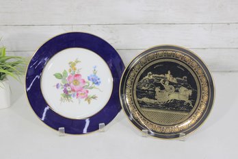 Pair Vintage Porcelain Cabinet Plates  Cobalt Blue & Gold  Hand Painted Floral & Greek Scene  9' & 10'