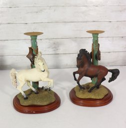 Noble Stallions Candlesticks  Pair Of Horse Figurine Candle Holders  Decorative Resin