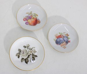 Set Of 3 Vintage Porcelain Butter Pats / Mini Plates  Floral & Fruit Motifs  Gold Rim  4.5' Round