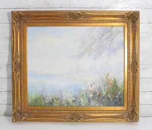 Signed Impressionist Landscape Oil Painting  Wildflower Meadow Scene  Ornate Gold Frame  27' X 31'