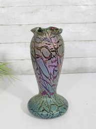 Antique Rindskopf Ruby Red Crackle Art Glass Vase  Iridescent Bohemian  11' Tall