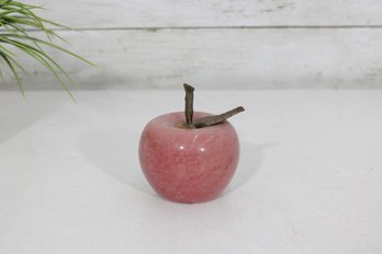 Vintage Pink Stone Apple Paperweight  Carved Alabaster Marble Fruit W/ Metal Stem  3.5' Tall
