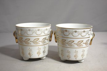 Pair Of Vintage White Porcelain Footed Planters With Gold Painted Handles