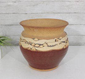 Signed Southwest Studio Pottery Vase  Hand Painted Desert Landscape  10' Tall Art Pottery