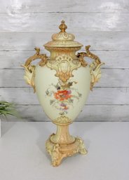 Antique French Style Porcelain Urn Vase W/ Lid & Handles  Hand Painted Florals  18' H  Repair
