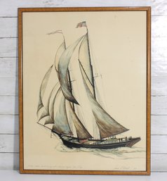 Signed Limited Edition Sailing Ship Print  Schooner W/ American Flag  9/70  Framed  29' X 23'
