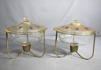 Pair Of Vintage Fire King Georges Briard Turquoise & Gold Medallion Casserole Dishes With Stands