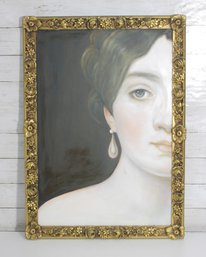 Contemporary Portrait Painting  Elegant Female Figure W/ Pearl Earring  Ornate Gold Frame  28.5' X 21'