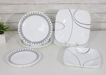 Corelle Dinner Plates Lot  10' Round & 10.5' Square  Black & Gray Modern Patterns