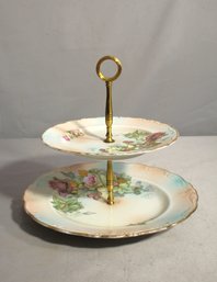 Two-Tier Porcelain Serving Tray With Floral Design And Gold Trim