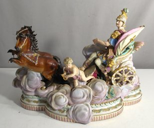 Porcelain Chariot Figurine With Cherub And Horses - Damaged Front Feet