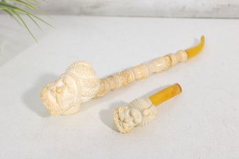Vintage Carved Figural Pipes  Set Of 2  Ornate Sultan Head Design  13' & 5'