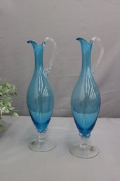 A Pair Of Vintage Balboa Venetian Glass Cerulean Blue Genie Decanters