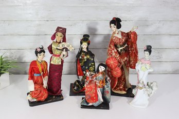 Group Lot Of 6 Japanese Geisha-Style Dolls  Traditional Kimono Figures, Mixed Materials