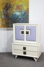 Vintage Painted Wood & Leather Highboy Dresser  Unique Mid-Century Modern Storage