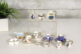 VINTAGE MINIATURE PORCELAIN DEMITASSE / DOLLHOUSE TEA SET LOT  ENGLISH & FRENCH MARKS, BLUE & FLORAL DESIGNS