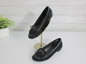 #109-Kate Spade New York Womens Black Suede Loafers  Size 6.5 M  Classic Bow Detail