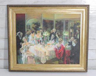 Elegant Dinner Party Scene Print  Impressionist Style Figures  Framed  21' X 24.5'