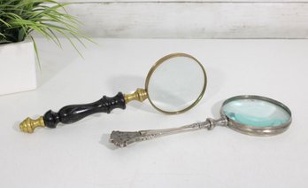 Vintage Handheld Magnifying Glasses  Set Of 2  Ornate Silver Tone & Wood Handle  11' & 10'