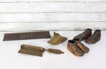 Antique & Vintage Metal Objects Group Lot  Miniature Shoes, Shoe Horn, Brass Tools & 1869 Plaque