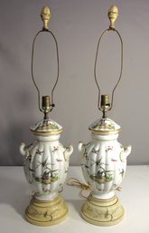 Pair Of Vintage Hand-Painted Floral Porcelain Table Lamps