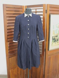 Vintage Navy Blue Dress  Size M  White Collar & Cuffs  Button Front Classic