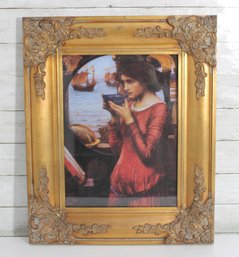 Vintage Framed Art Print  Pre-Raphaelite Style Woman With Chalice & Ships  Ornate Frame  23' X 18'