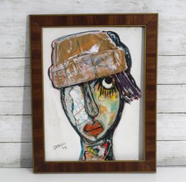 Jabolo 1993 Expressionist Mixed Media Portrait  Signed Original Painting Framed 18.5' X 14.5'