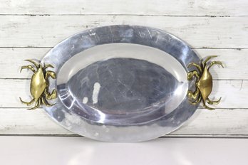 Silverplate Oval Serving Tray With Brass Crab Handles  Coastal / Nautical Decor