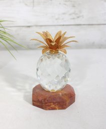 Large Swarovski Crystal Pineapple Figurine W/ Gold Tone Leaves & Stone Base  4' Tall