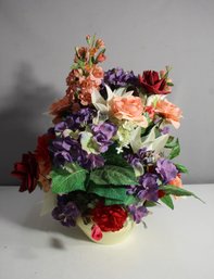 Vintage Silk Flower Arrangement In Cream Ceramic Vase