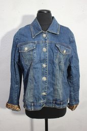 BEREK Womens Embellished Denim Jacket  Rhinestone Buttons & Leopard Print Lining  Size 1X