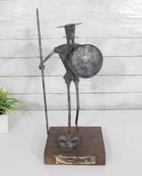 Vintage Don Quixote Metal Sculpture  Modernist Knight Figure On Wood Base  19' Tall  Made In Spain