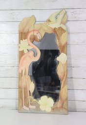 Vintage Hand-Painted Flamingo Wall Mirror  Tropical Floral Wood Frame, Made In Italy