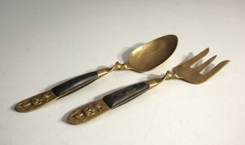 Vintage Brass Serving Fork And Spoon Set With Decorative Handles