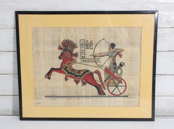 Vintage Egyptian Papyrus Artwork  Chariot Archer Scene  Signed  Framed 16' X 20'