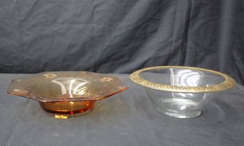 Duo Of Decorative Glass Bowls: Amber Etched Floral Bowl And Clear Glass Bowl With Gold Filigree Trim