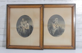 Pair Antique Style Framed Prints  Madonna & Child Religious Portraits  Oval Lithographs  22.5' X 19'