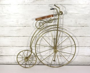 Decorative Metal Penny-Farthing Bicycle Sculpture With Wooden Seat  Vintage-Style Decor-19' X 19'