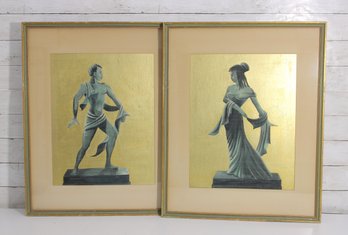 Pair Majel Warfield Framed Prints  Classical Figures On Gold Foil  26' X 21'