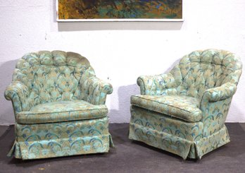 Pair Of Vintage Tufted Club Chairs  One Swivel, One Stationary