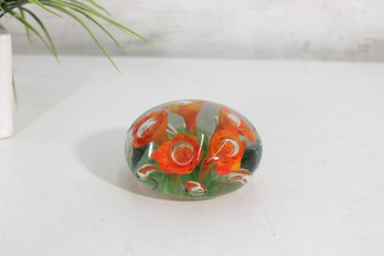 Vintage Art Glass Paperweight  Orange Flower Bouquet W/ Controlled Bubbles  3.5'