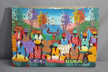 Unframe 'Vibrant Village Life' - Original Haitian Art Painting By J. Victor