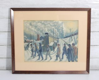 Ernest Fiene Night Shift, Aliquippa, 1939 Signed Print  Industrial Scene  Framed 16.5' X 19'
