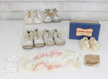 Vintage Baby Shoe & Keepsake Lot  Jumping-Jacks Box, 4 Pairs Shoes, Knit Booties & Embroidered Name Ribbons