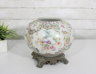 Vintage Hand Painted Floral Porcelain Fish Bowl Planter W/ Ornate Metal Stand  9.5' H