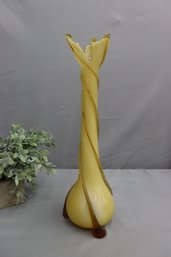 Murano-style Yellow Twist Flame Art Glass Vase Amber Applique